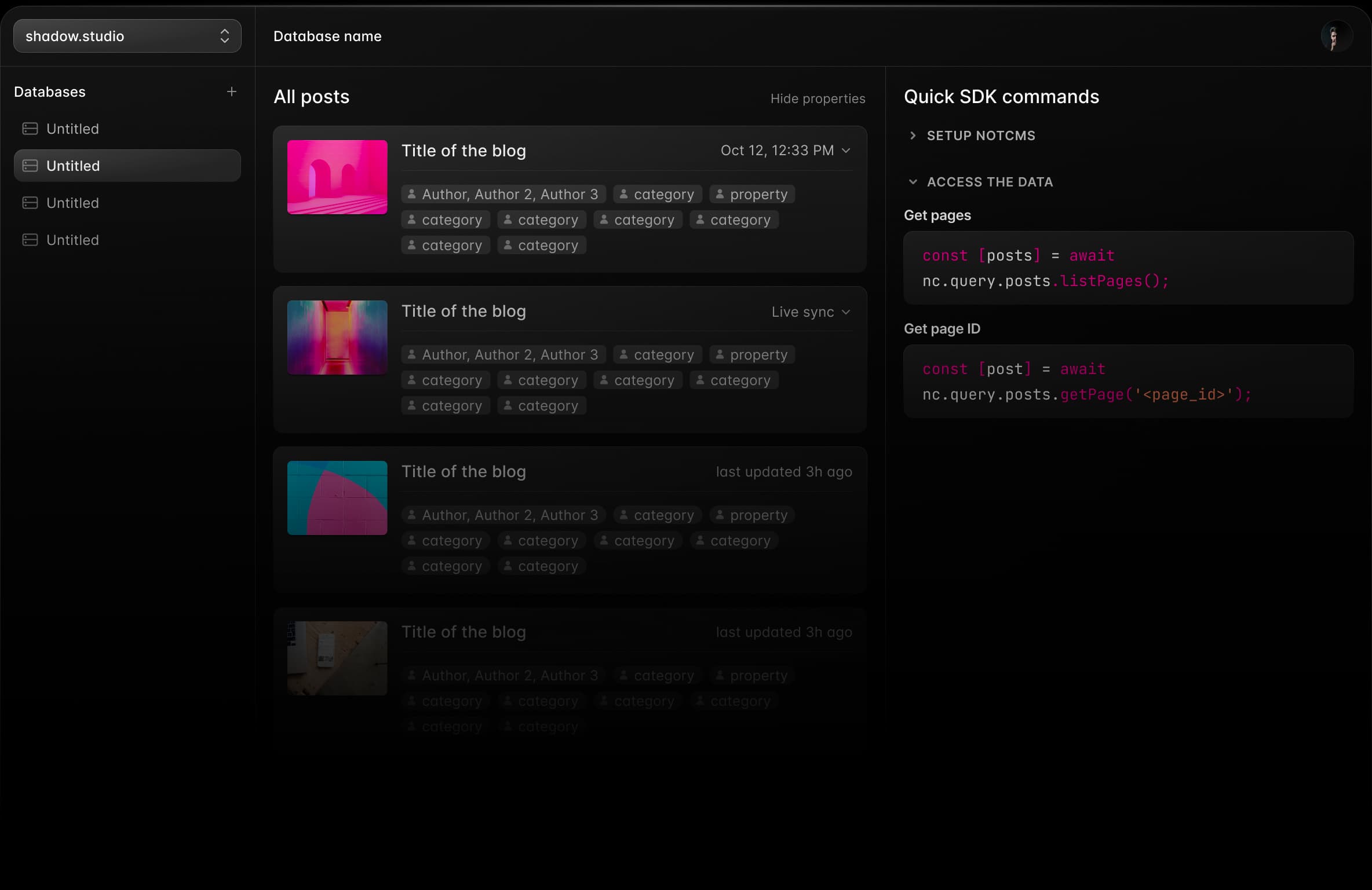 Dashboard screenshot of NotCMS